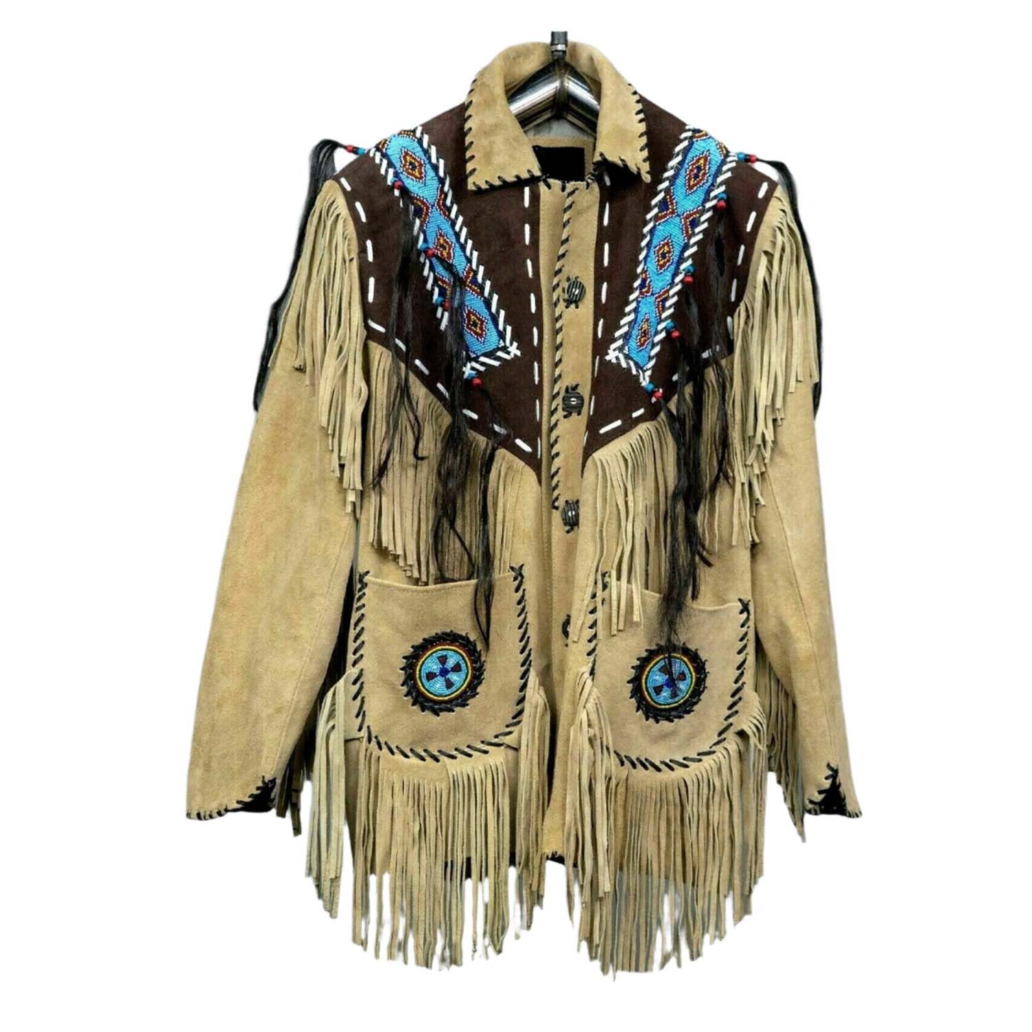 Side profile of the beige suede leather fringe jacket with beaded detailing for men