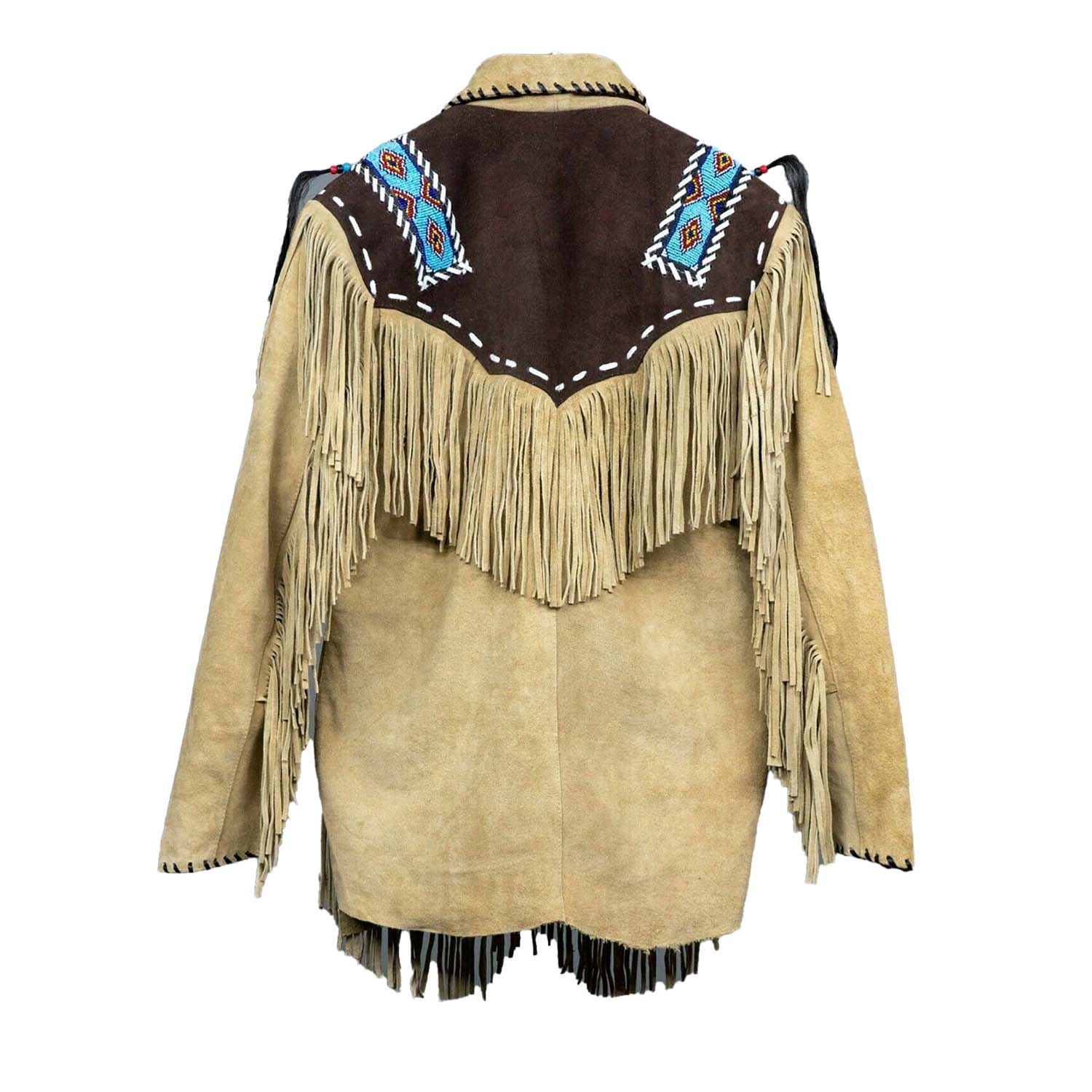 Back view of the beige suede leather fringe jacket with native american design for men