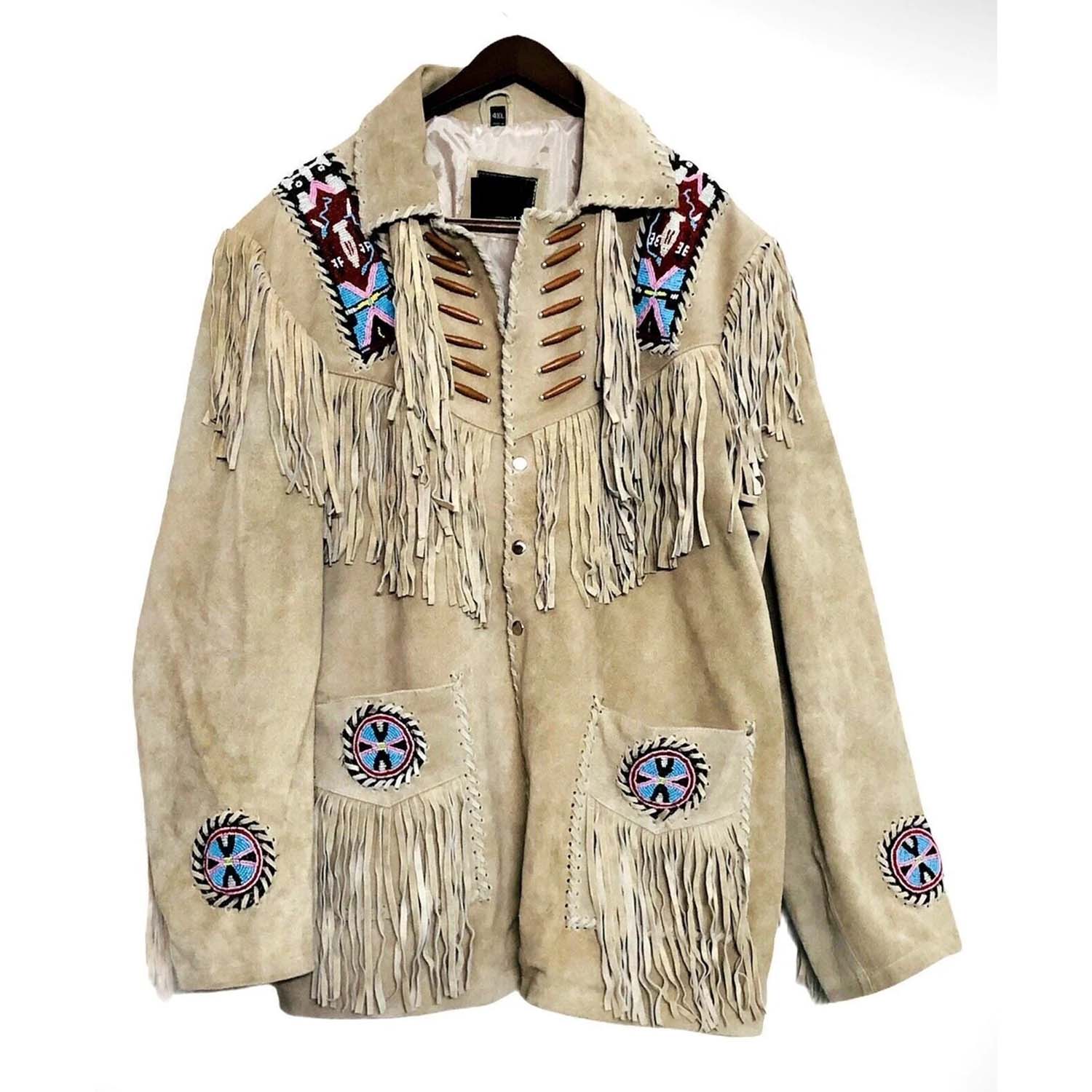 Front view showing the beige suede leather fringe jacket with beaded detailing