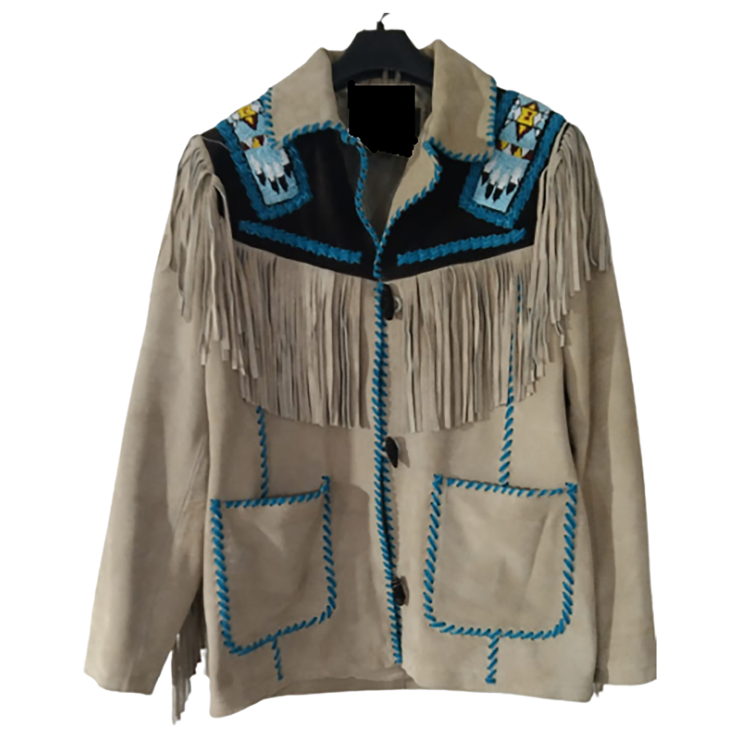 The beige suede leather fringe jacket with beaded detailing, pictured in detail