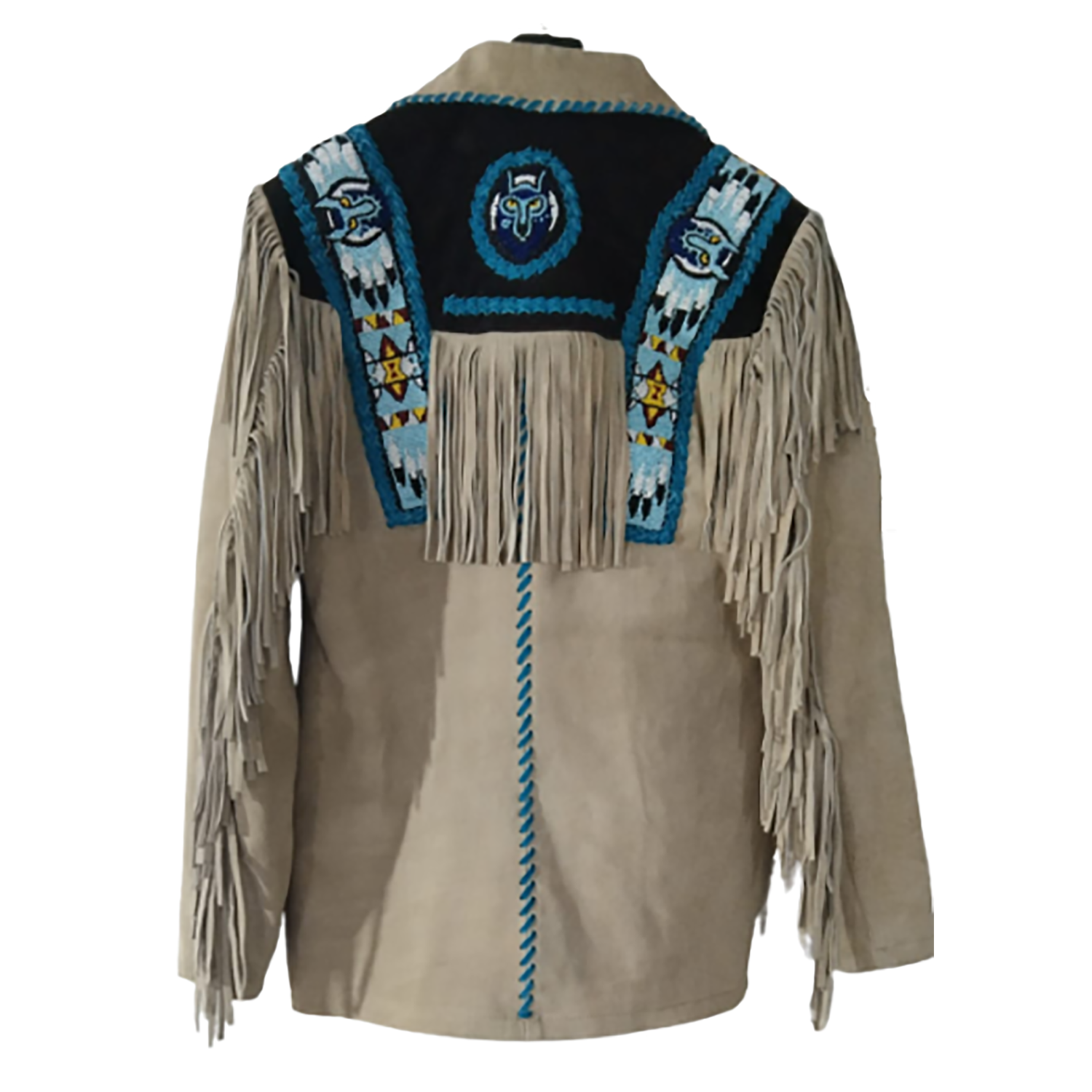 The beige suede leather fringe jacket with native american design, pictured from the front