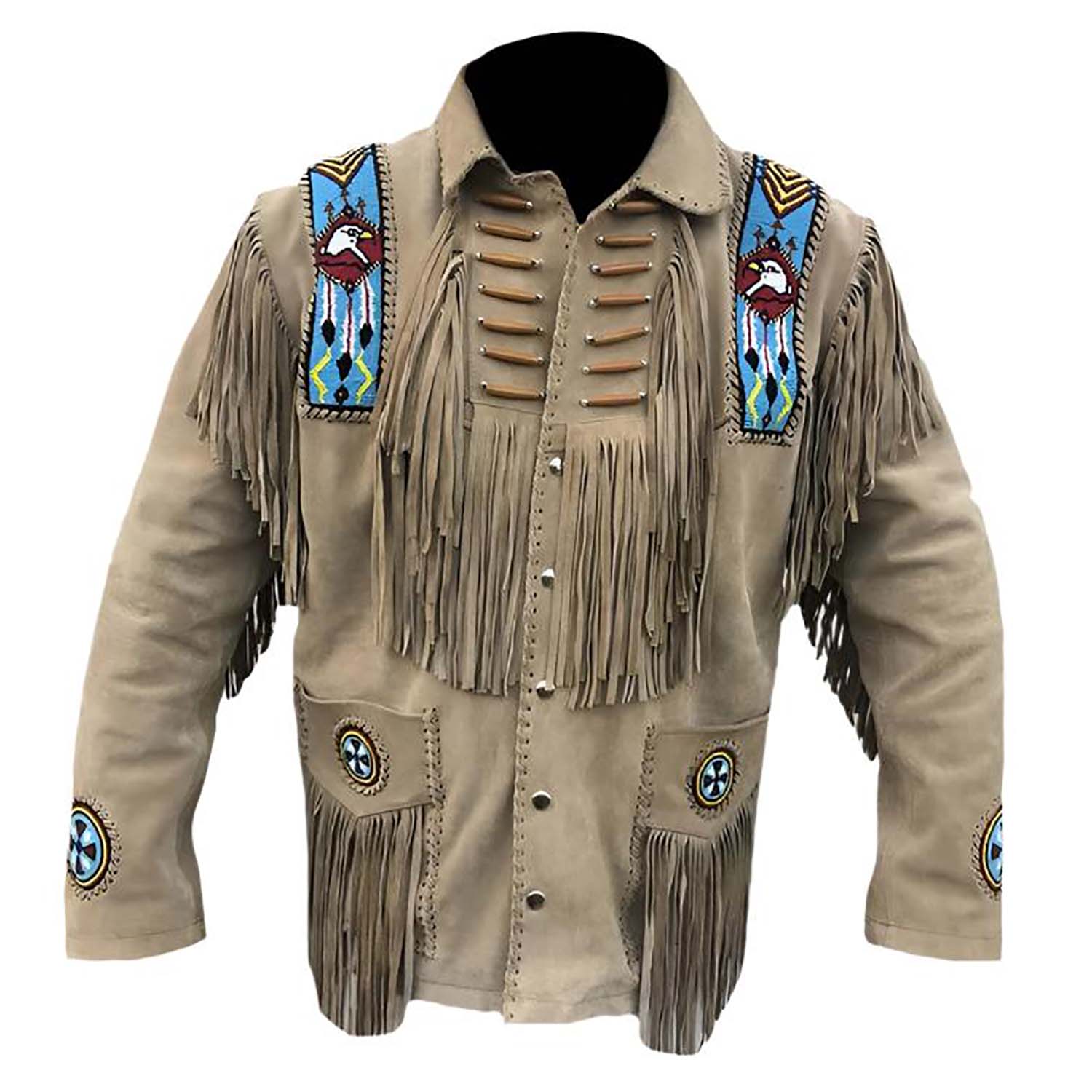 Beige suede leather fringe jacket with beaded detailing, full display
