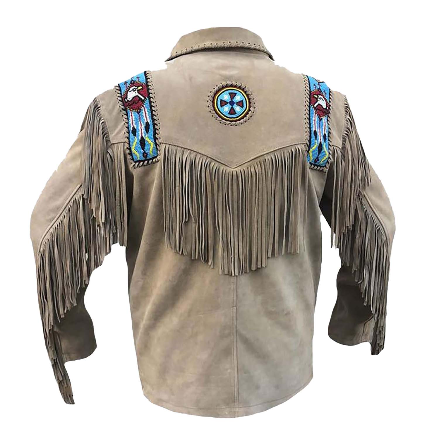 Beige suede leather fringe jacket with native american design, detail shot