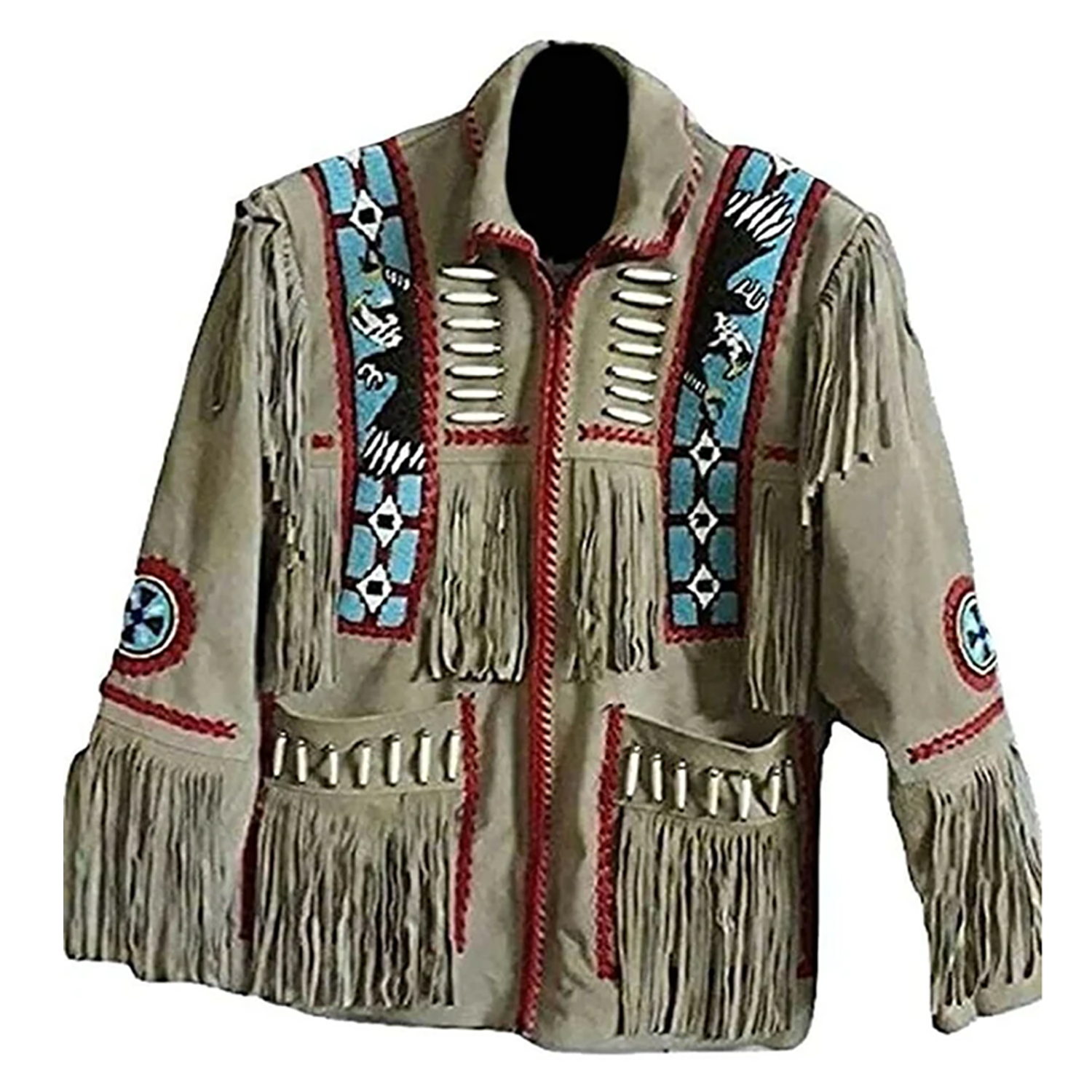 Worn styled look of the beige suede leather fringe jacket with eagle beadwork for men