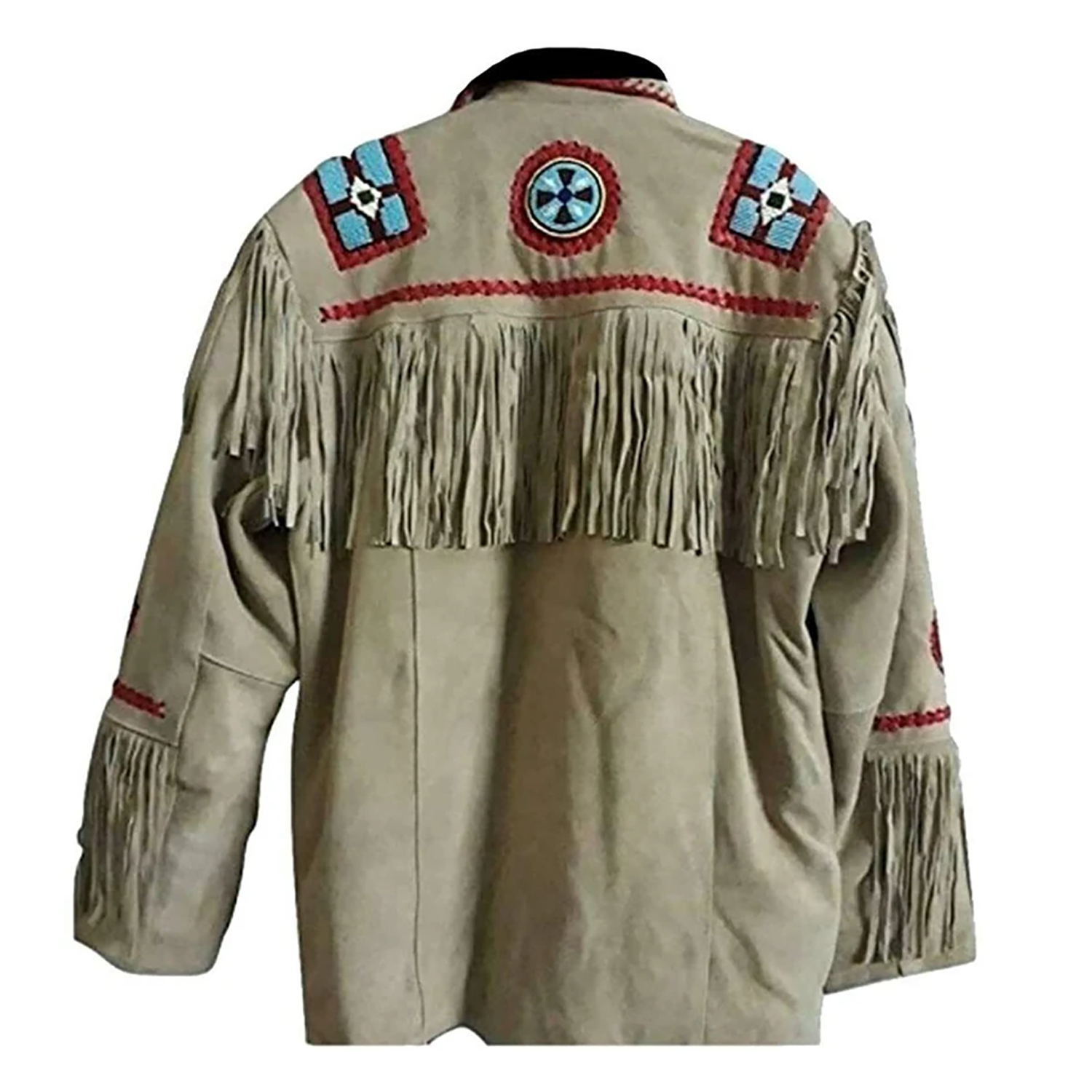 Full display of the beige suede leather fringe jacket with native american design for men