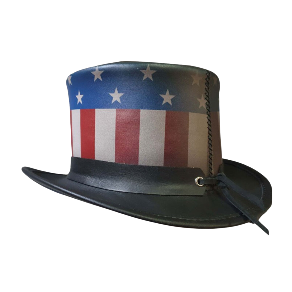 Patriotic leather top hat with flag design

