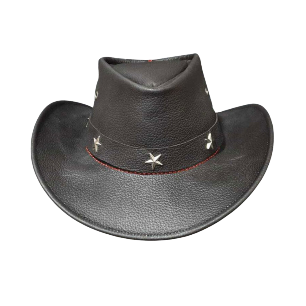 Black leather cowboy hat with star embellishments on a white background