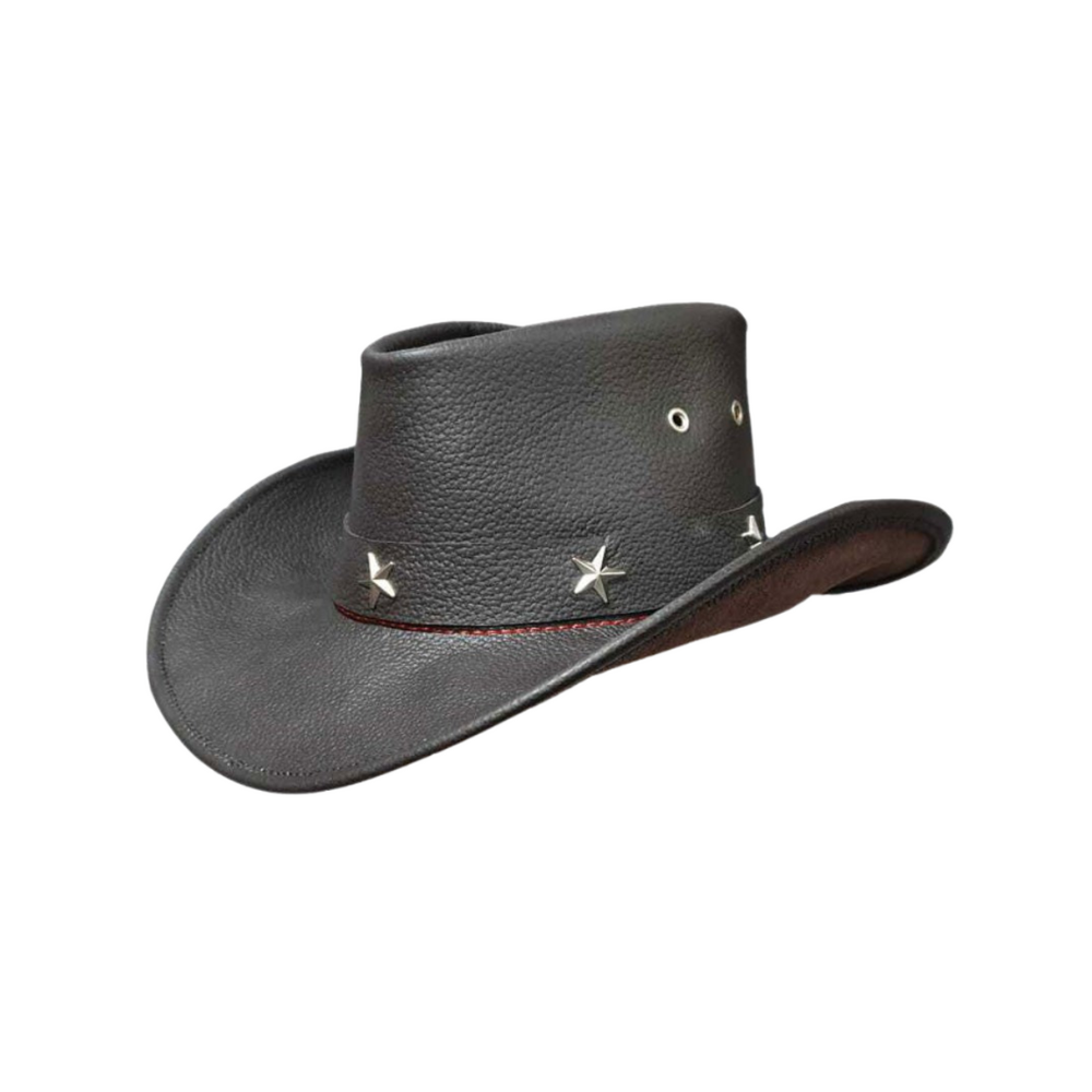 Black leather cowboy hat with star embellishments on a white background