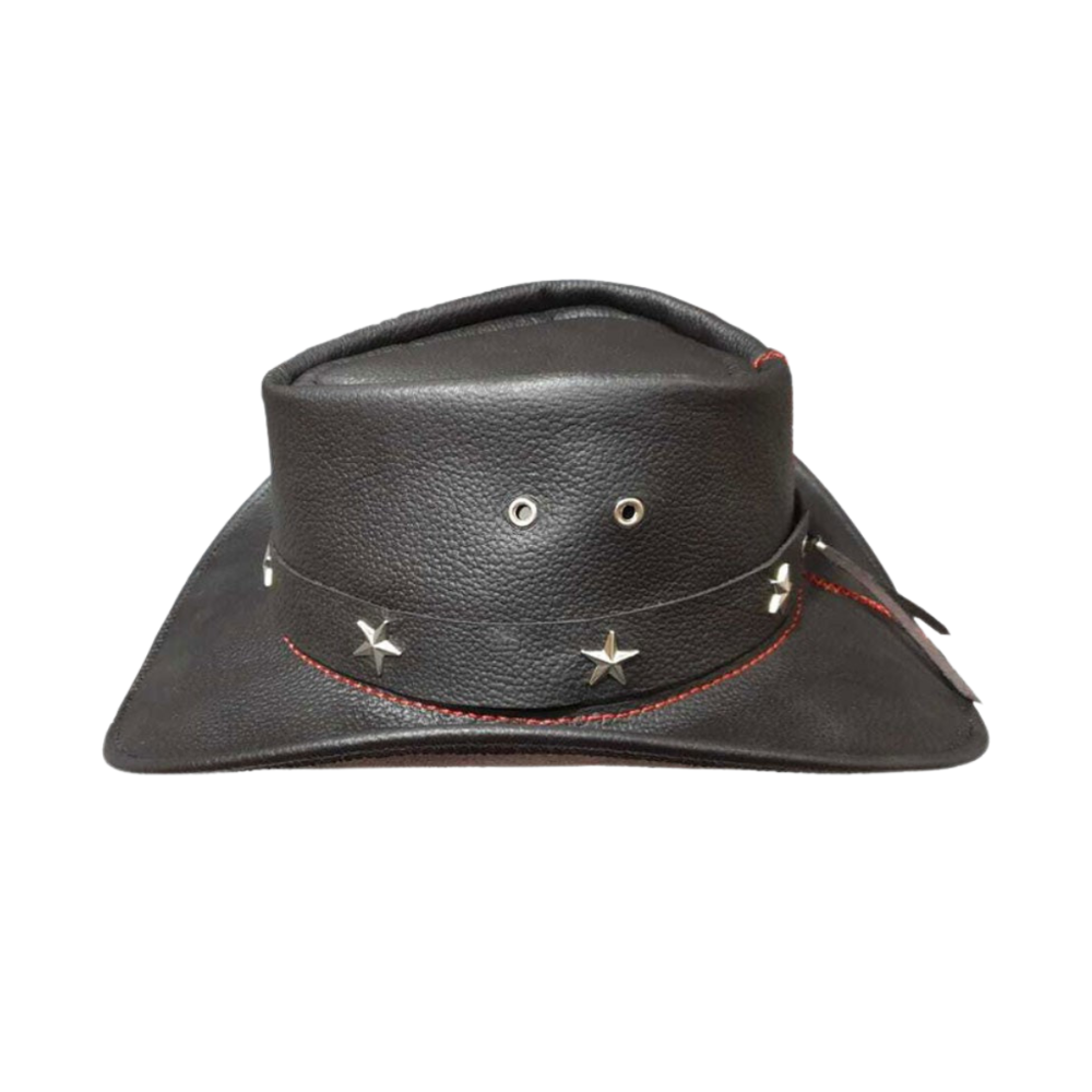 Black leather cowboy hat with star and button details on a white background