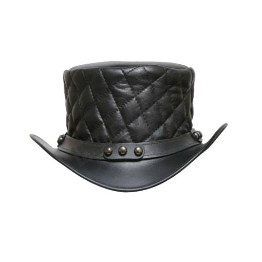 Black quilted leather hat with decorative elements on a white background