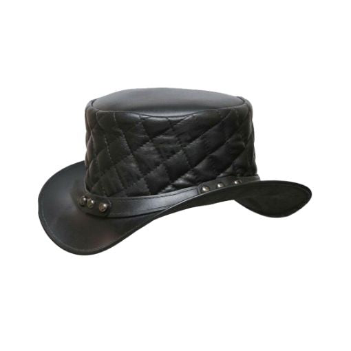 Black leather hat with quilted design and studded details on a white background