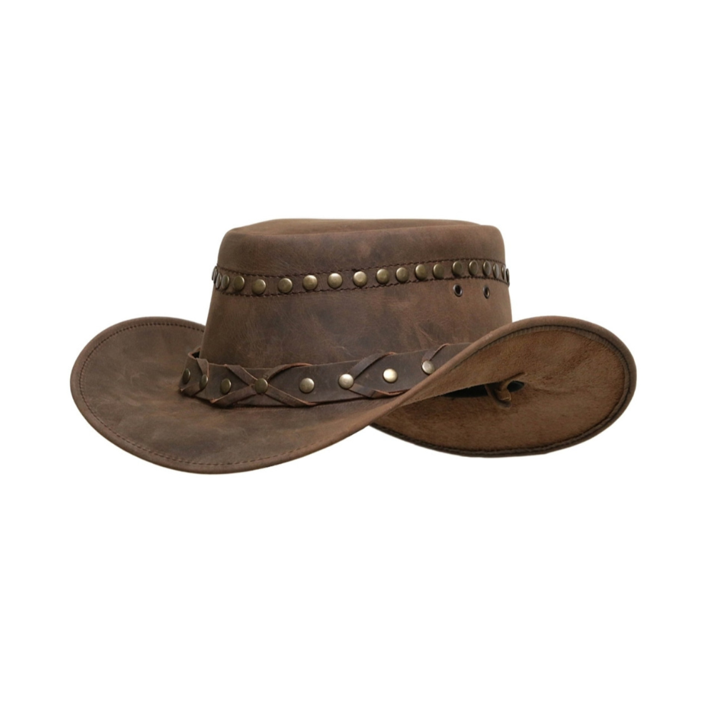 Brown leather cowboy hat with braided band and studs on a white background