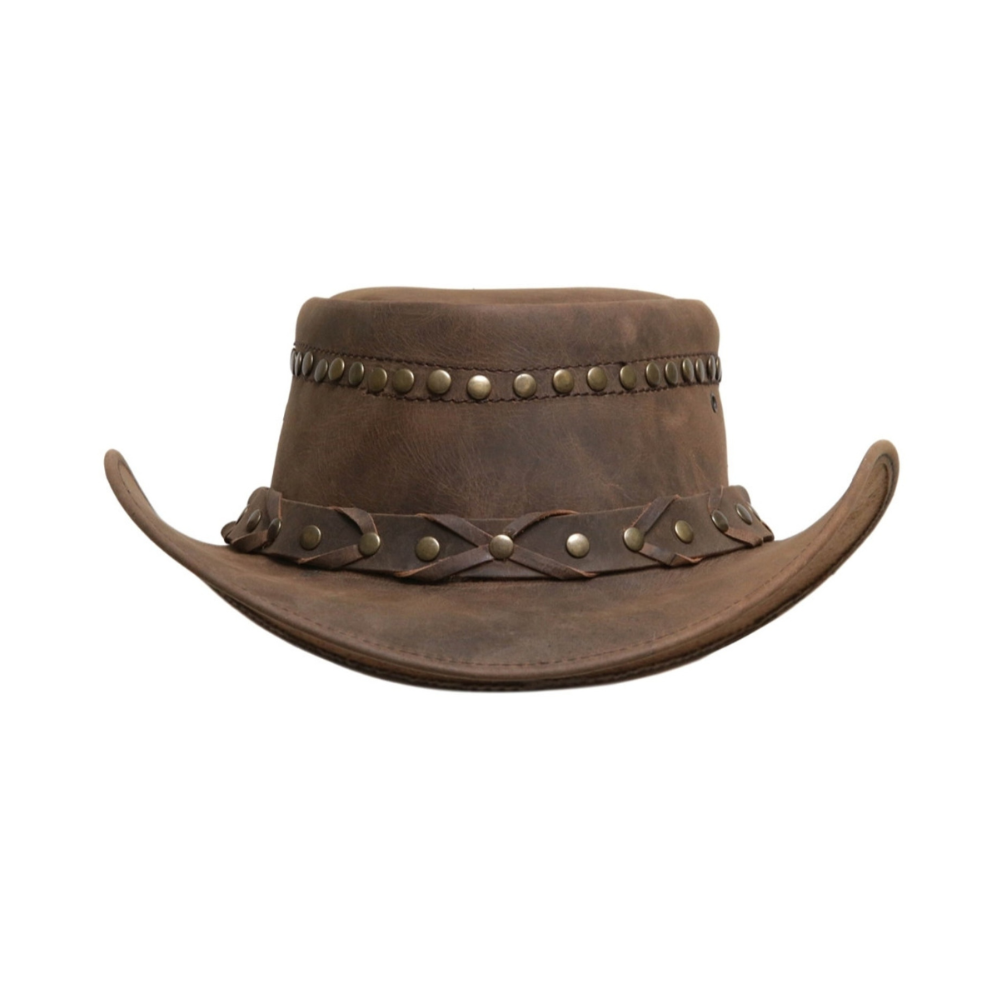 Brown leather hat with decorative band on a white background