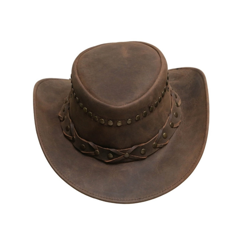 Brown leather cowboy hat with decorative band on a white background