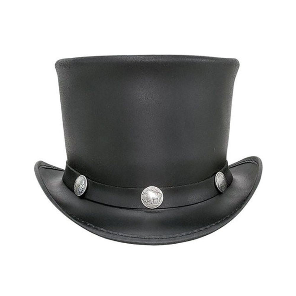 Black top hat with silver buttons on a white background