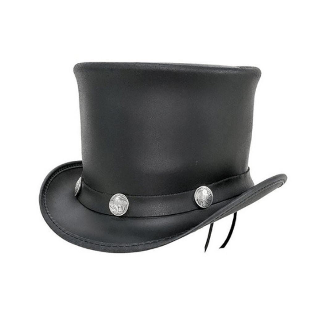 Black top hat with silver band and buttons on a white background