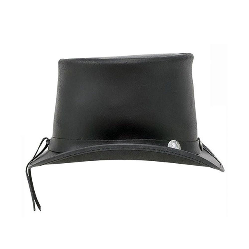 Black leather hat with a strap on a white background