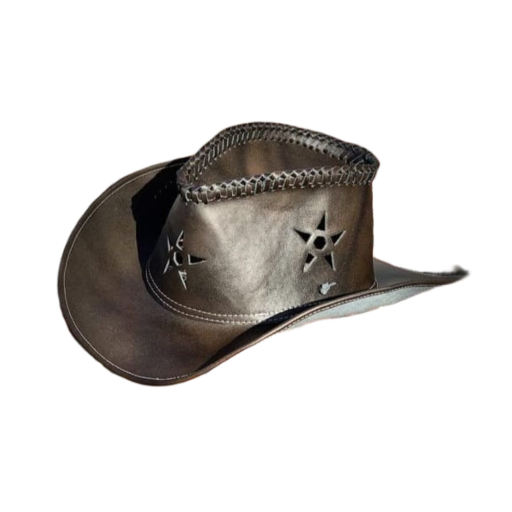 Metallic cowboy hat with star design on a white background