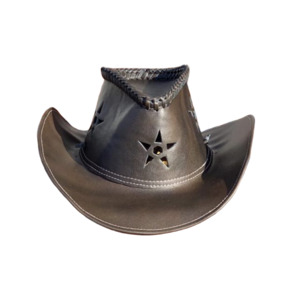 Brown leather cowboy hat with star design on a white background