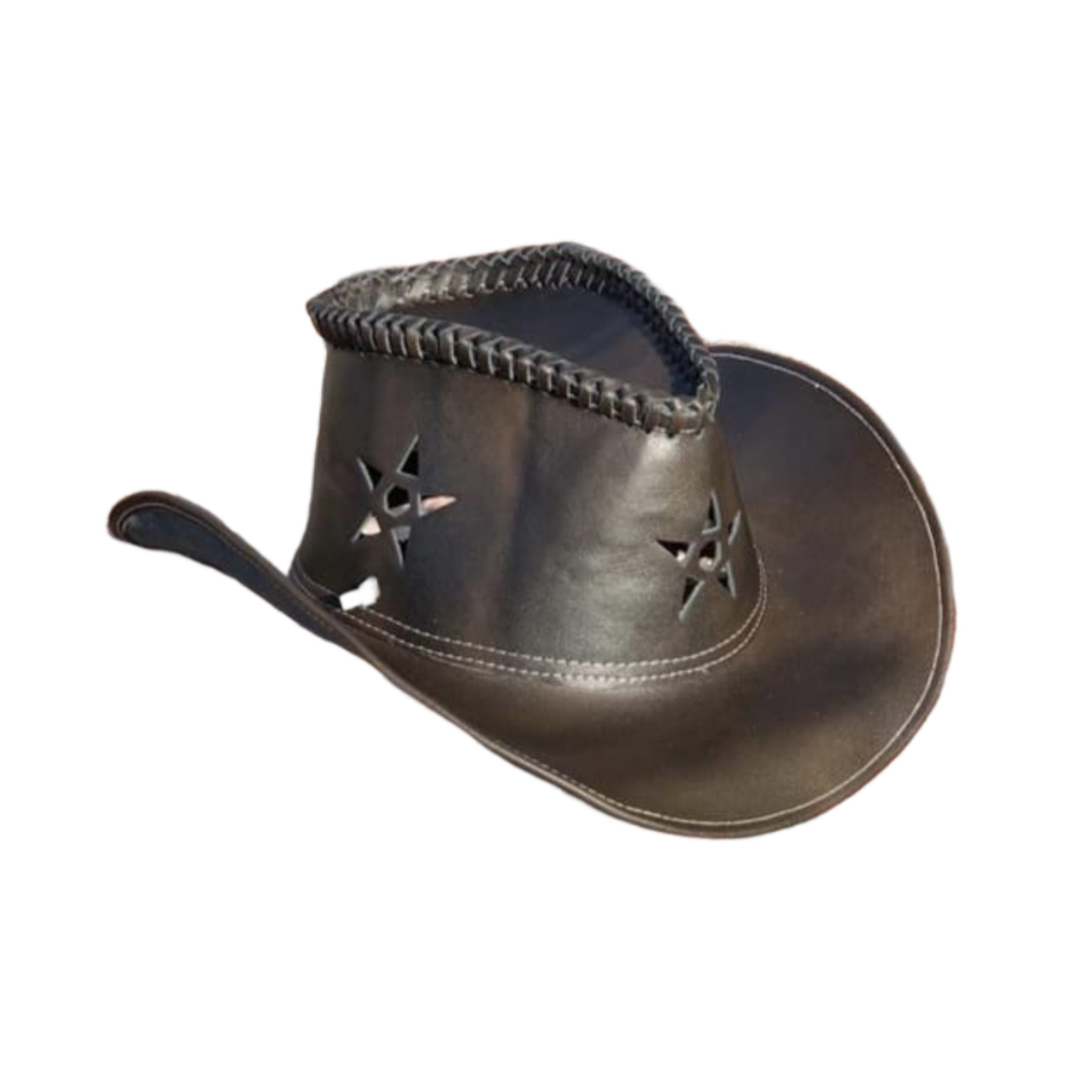 Brown leather cowboy hat with star designs on a white background
