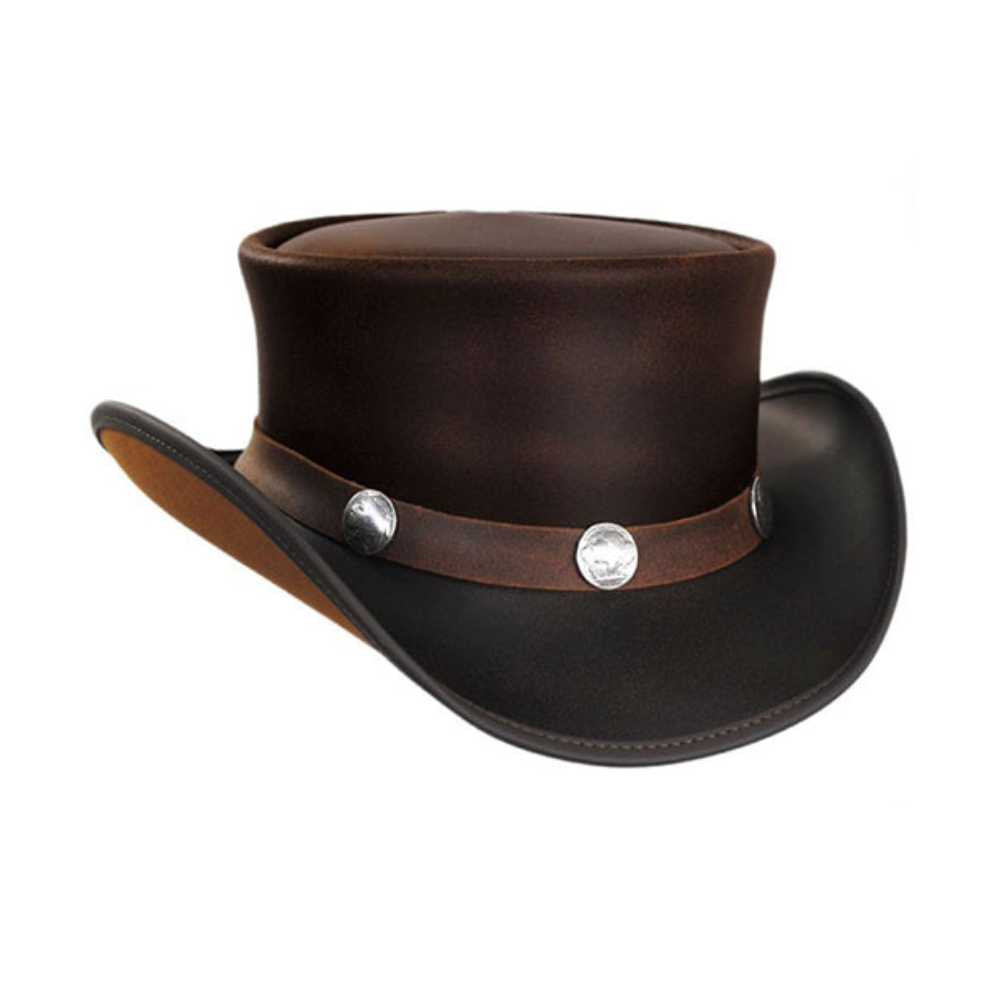 Brown leather cowboy hat with a band and silver buttons on a white background