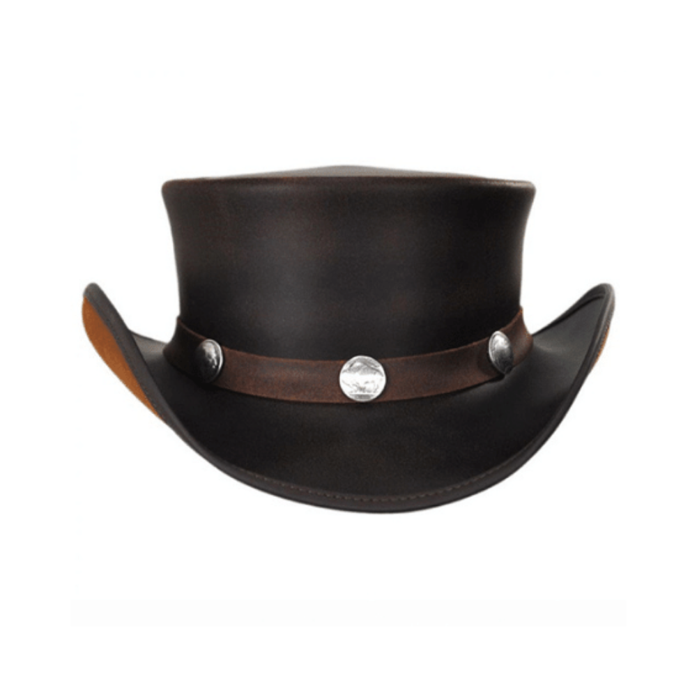 Brown leather cowboy hat with a band and buttons on a white background