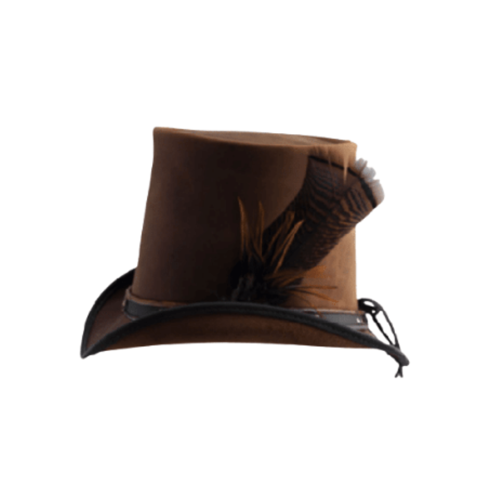 Brown tricorn hat with feathers on a white background