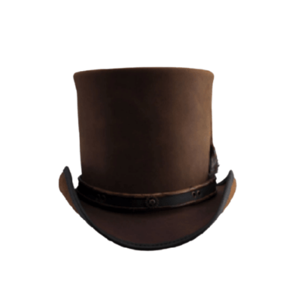 Brown top hat with a black band on a white background
