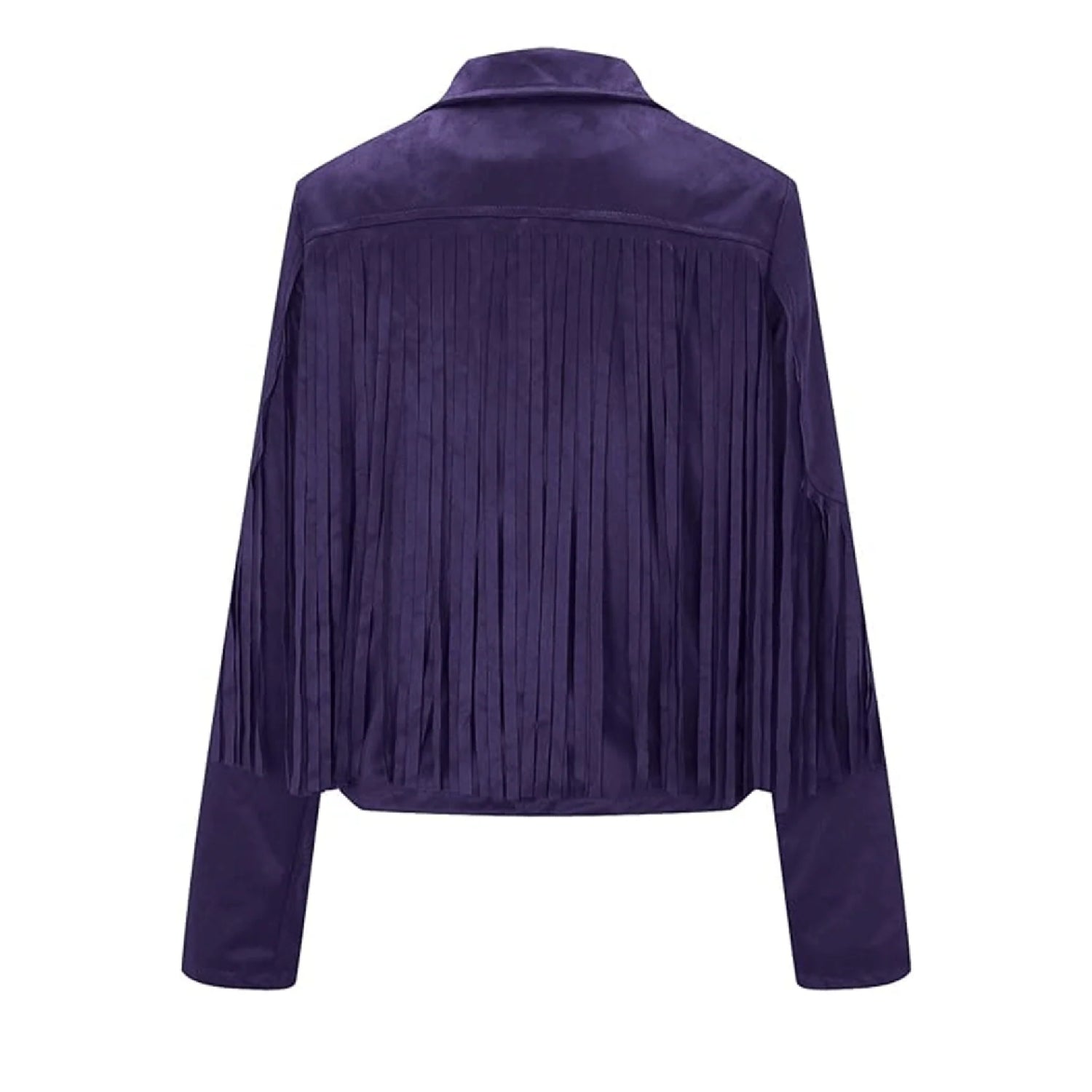 Purple Leather Long Fringe Jacket For Women side view