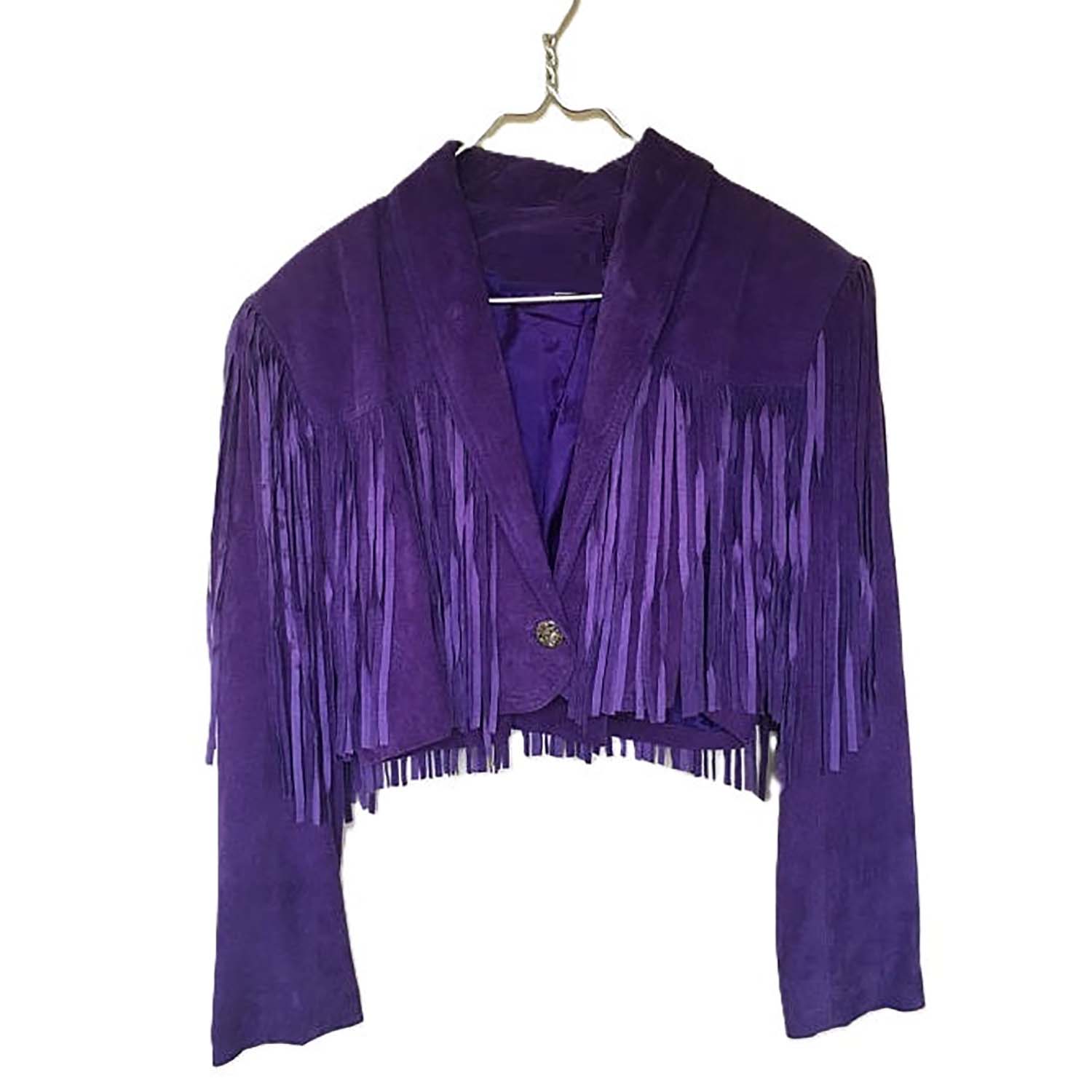Purple Suede Leather Long Fringe Short Jacket Western Cowgirl front view