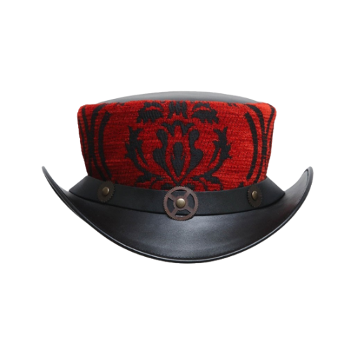 Black leather hat with a red and black patterned top on a white background