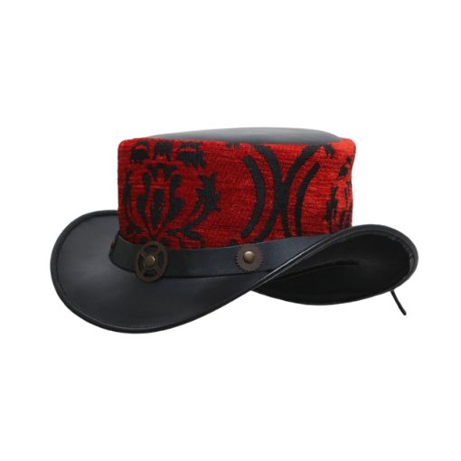 Black leather hat with a red and black patterned visor on a white background