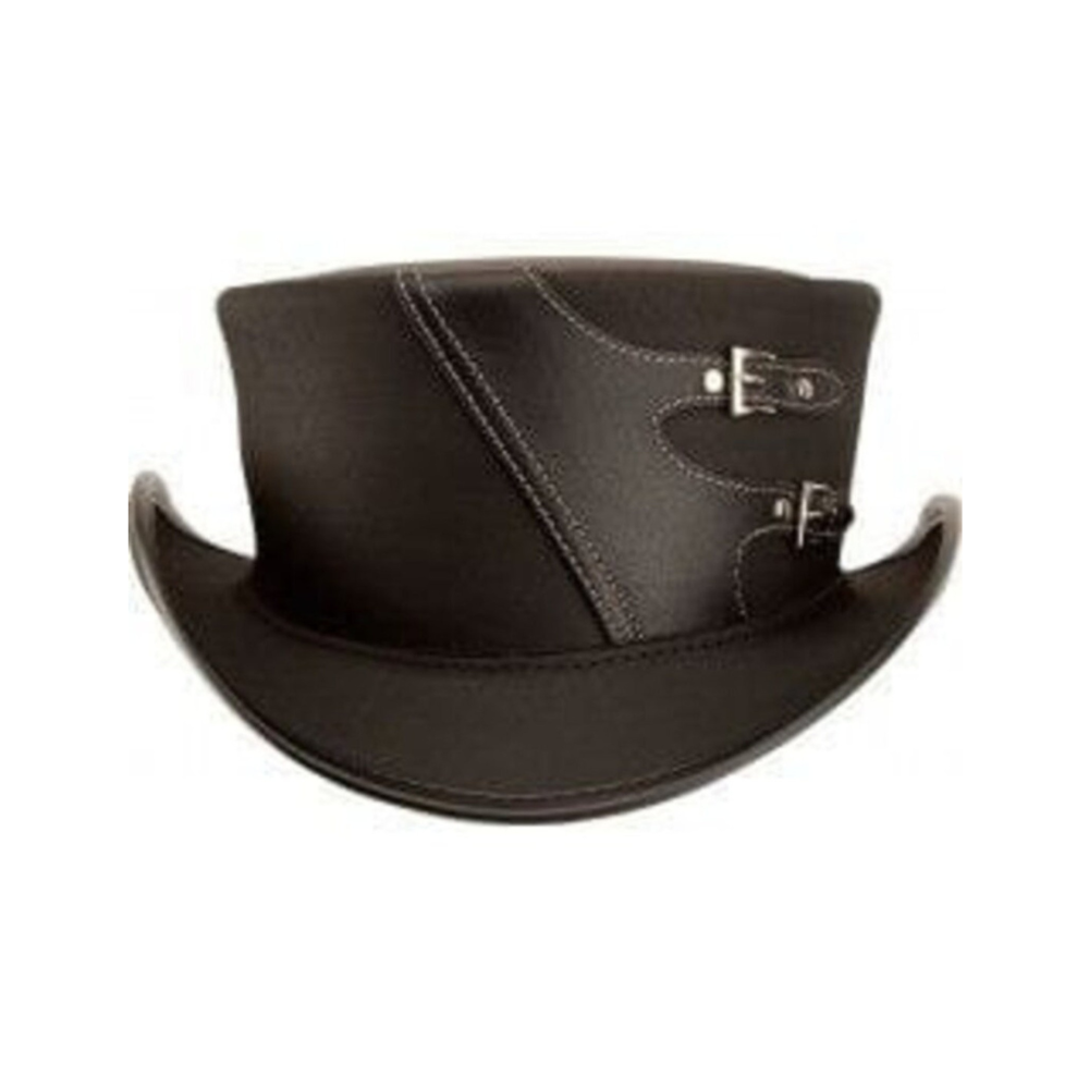 Black leather hat with buckles on a white background