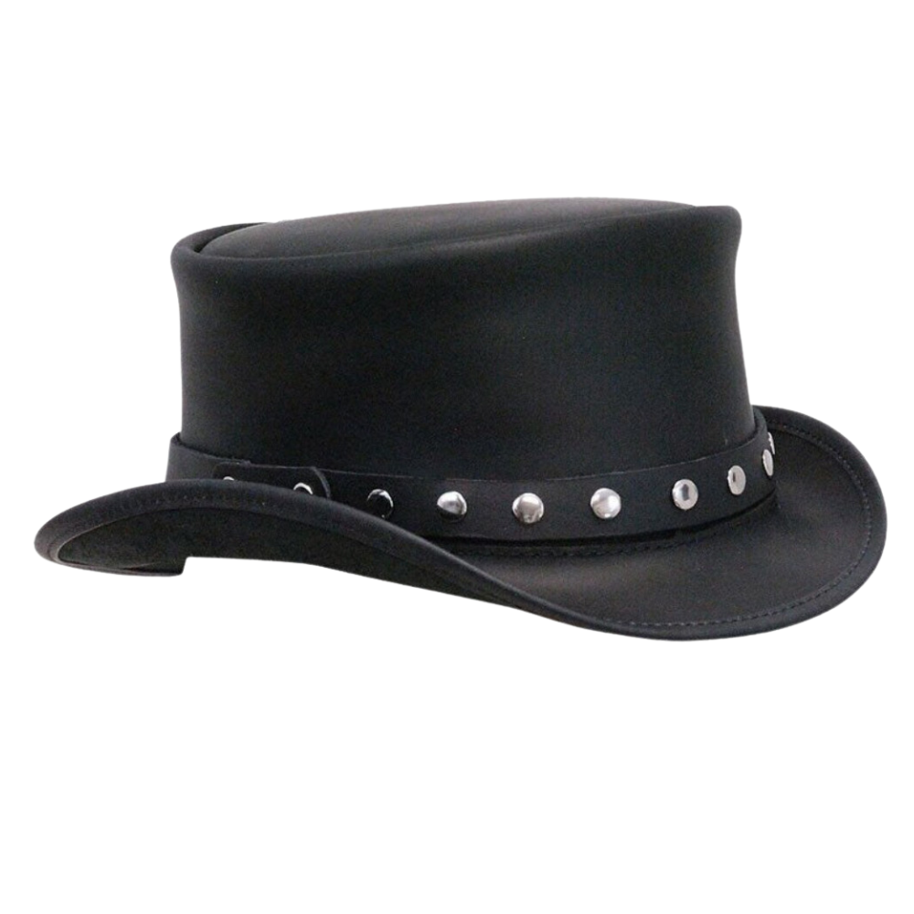 Rivet-Trimmed Black Leather Top Hat

