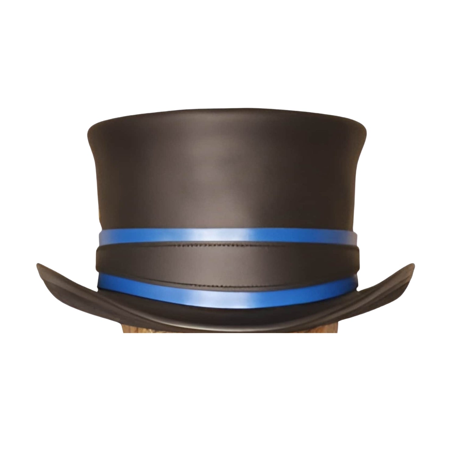 Black top hat with a blue band on a white background