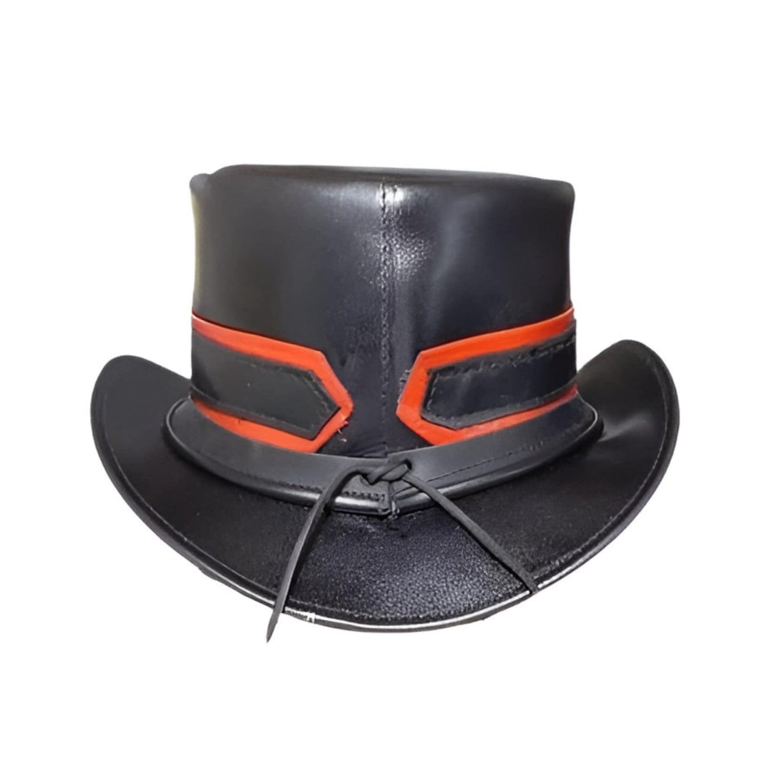 Black top hat with orange band on a white background
