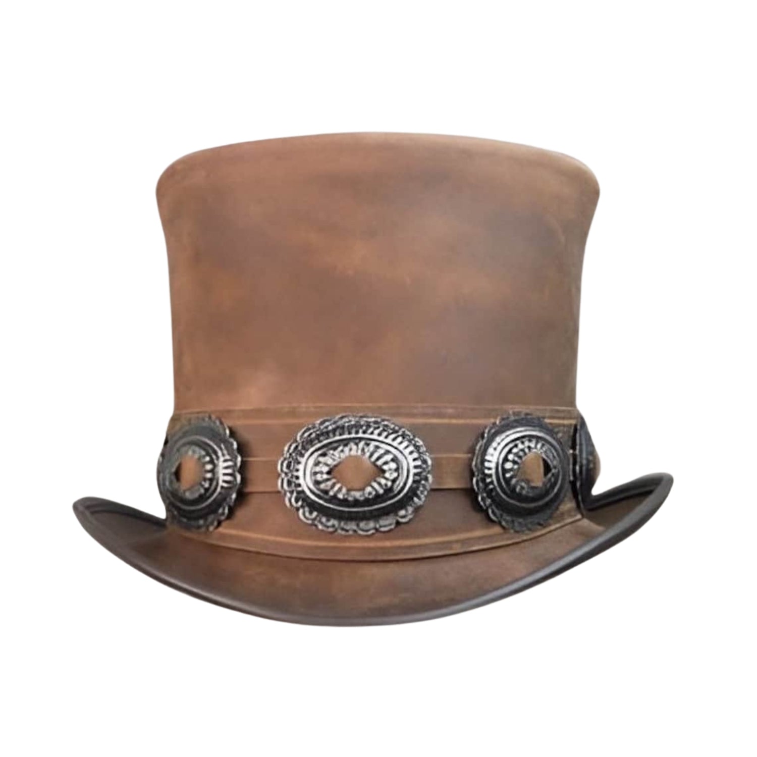 Brown leather top hat with decorative bands on a white background