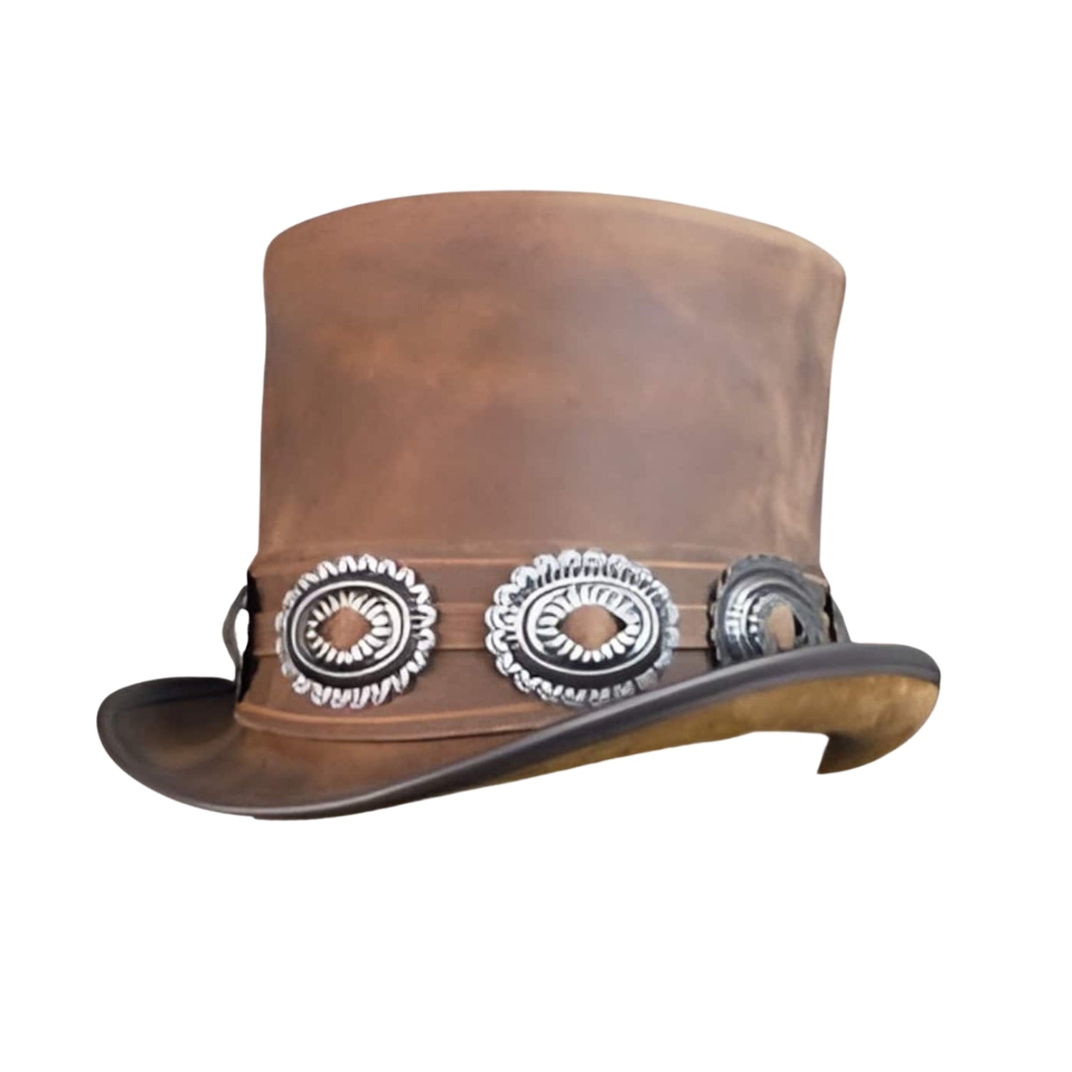 Brown leather top hat with decorative bands on a white background
