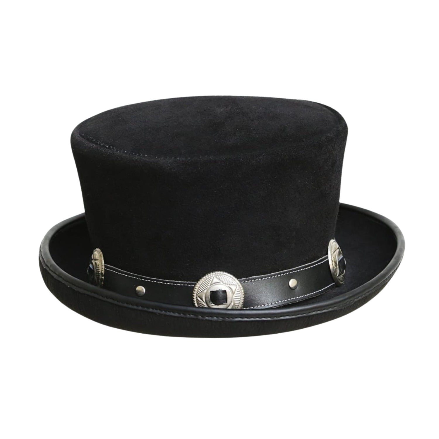 Black top hat with a leather band and decorative buckle on a white background