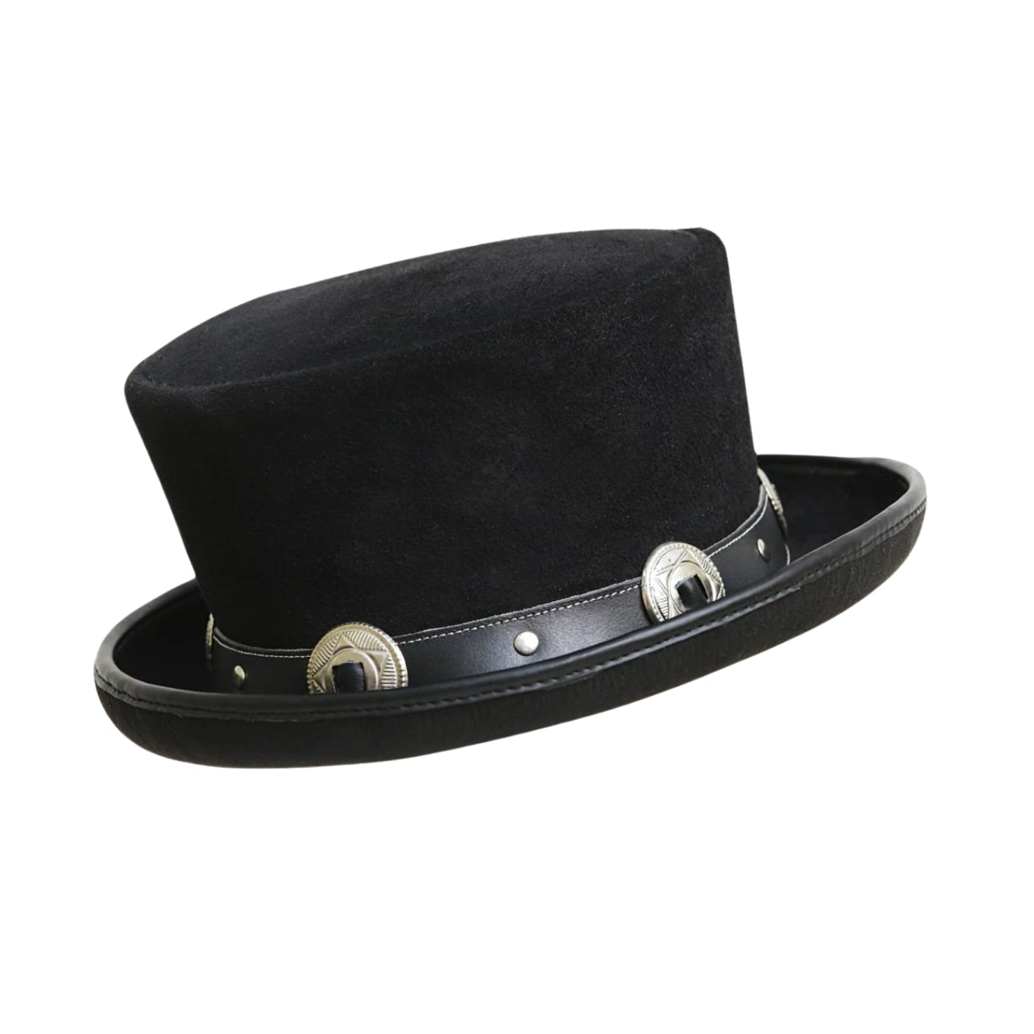 Black hat with a leather band and metal conchos on a white background