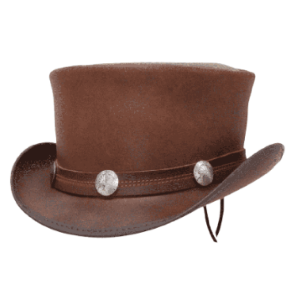 Brown leather hat with decorative band and conchos on a white background