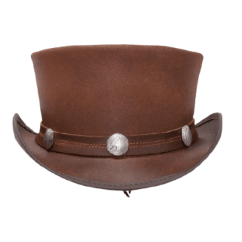 Brown leather top hat with decorative band and buttons on a white background