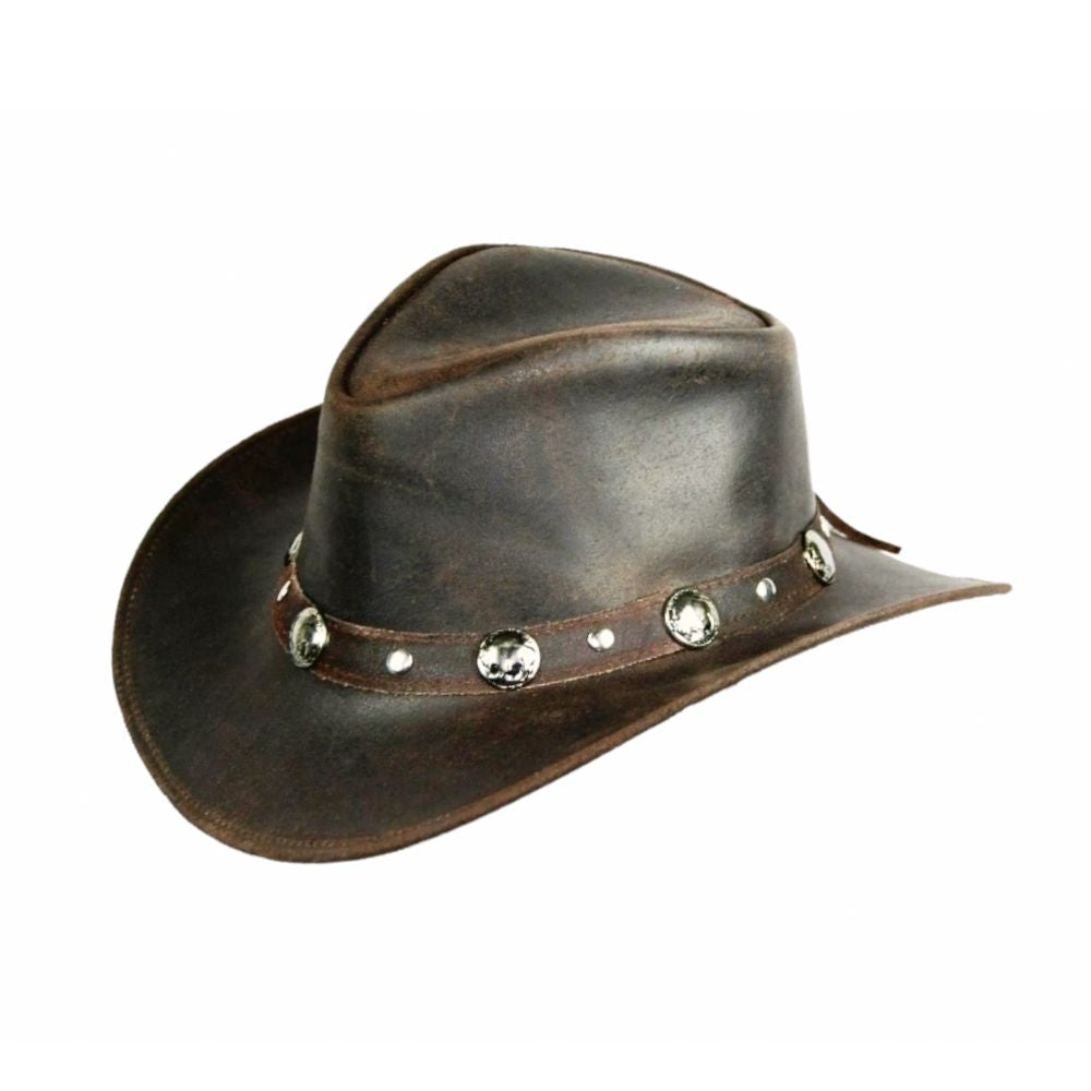 Rodeo leather hat with metal accents.
