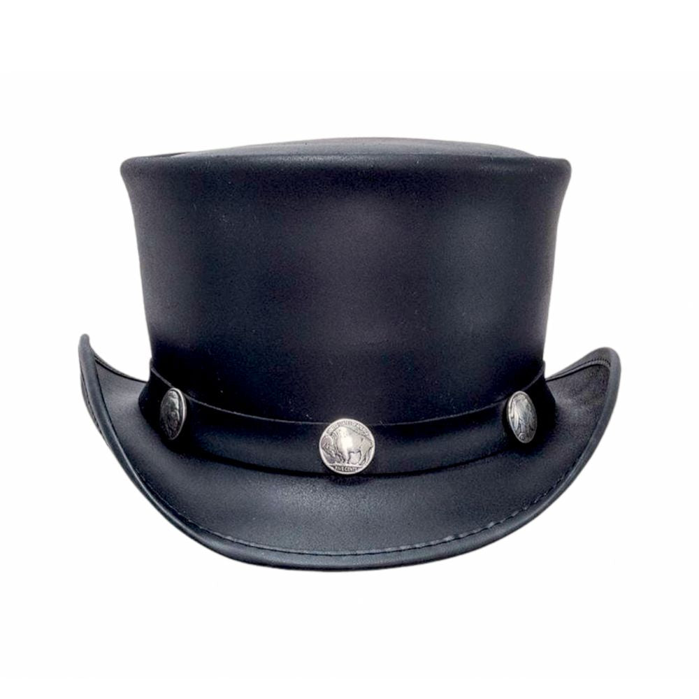 Rodeo style leather hat with metal accents.

