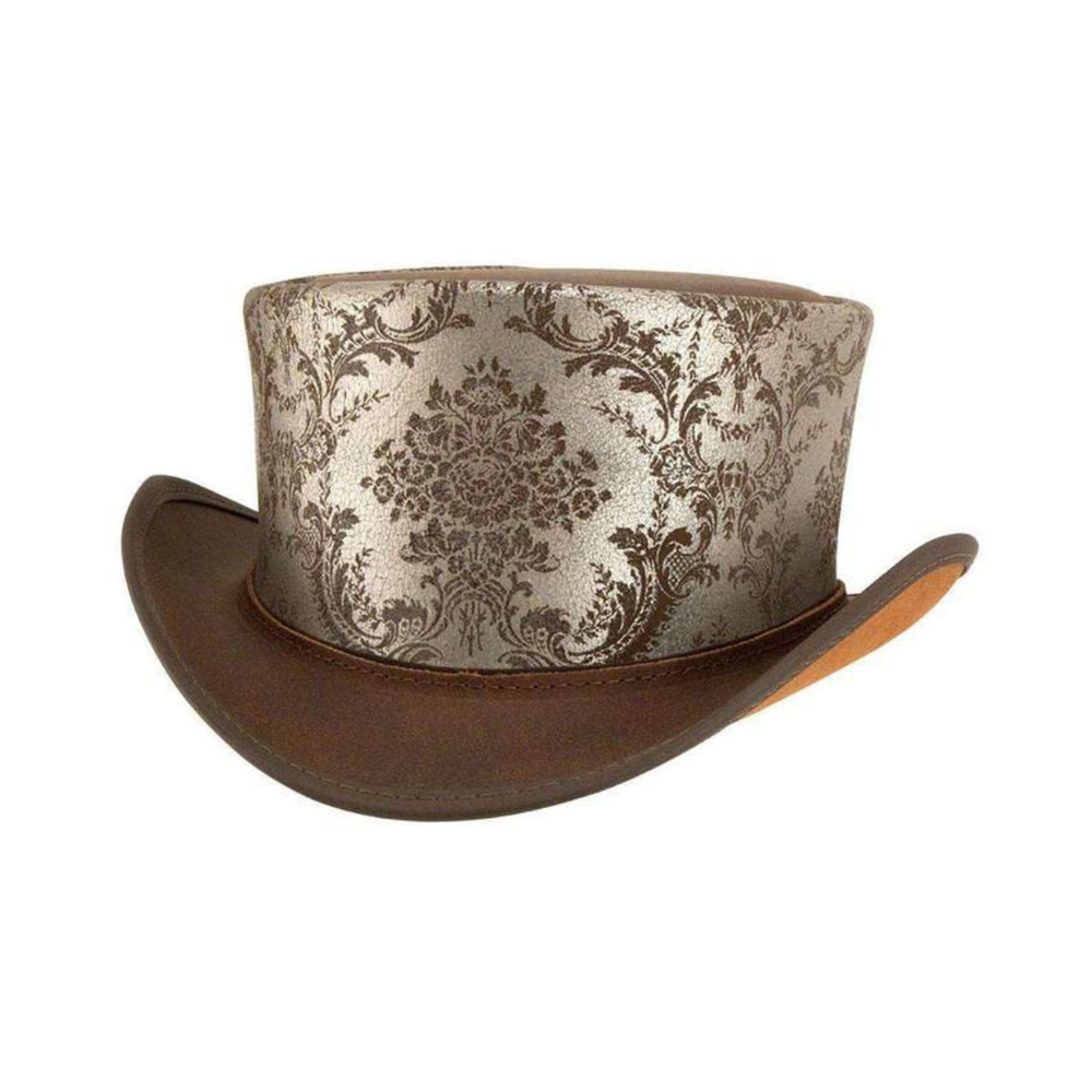 Cowboy hat with patterned top and brown brim on a white background