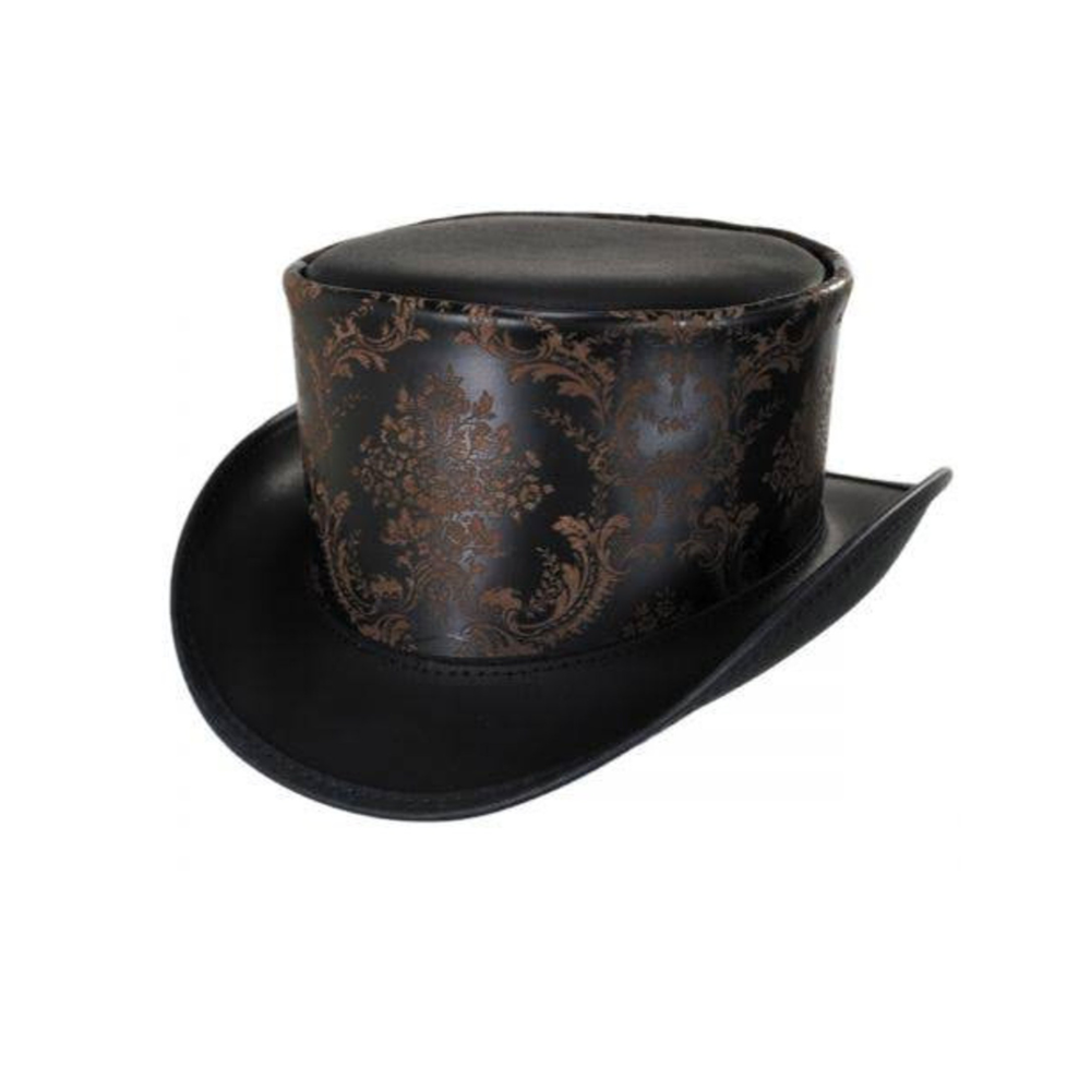 Black top hat with decorative pattern on a white background
