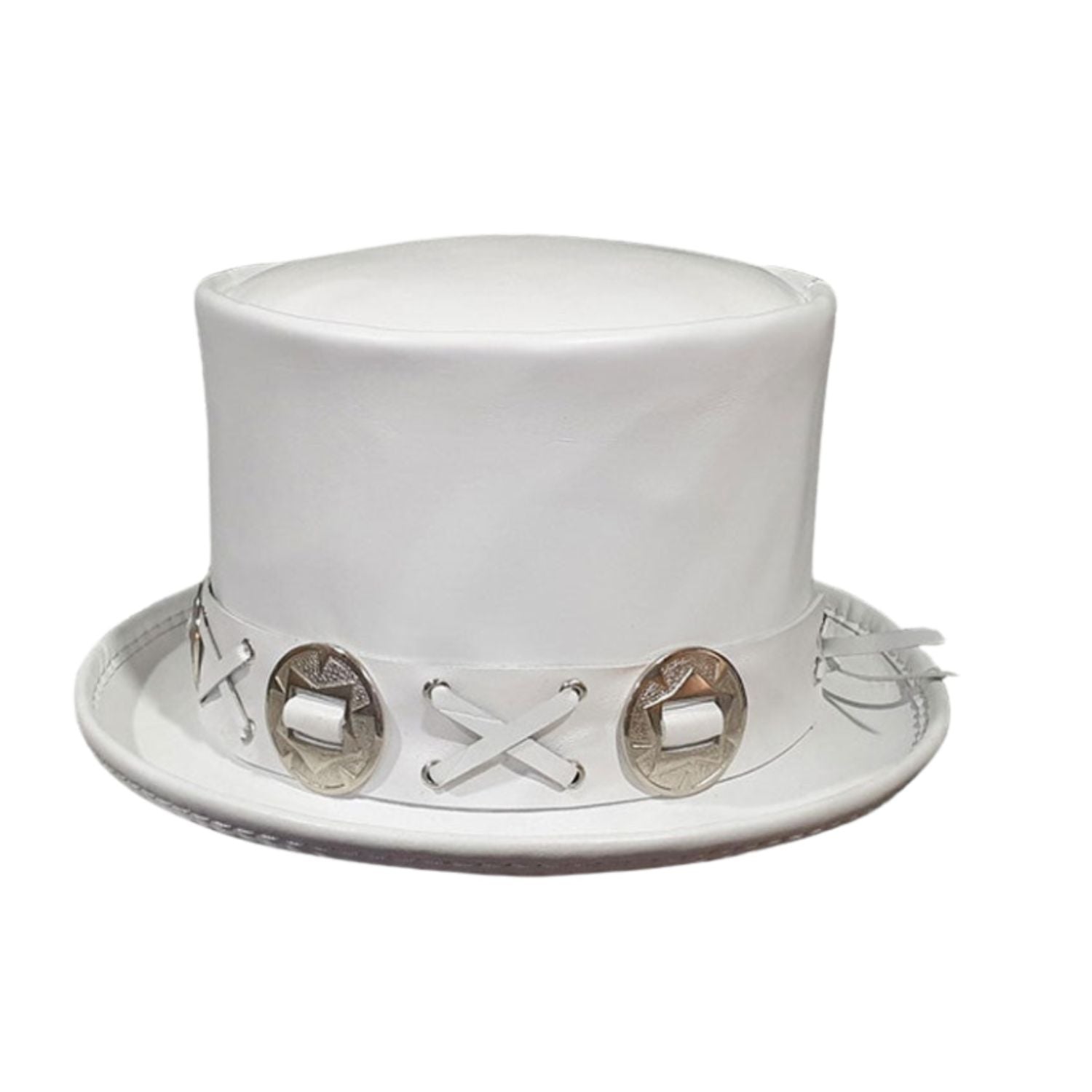 White top hat with decorative band on a white background
