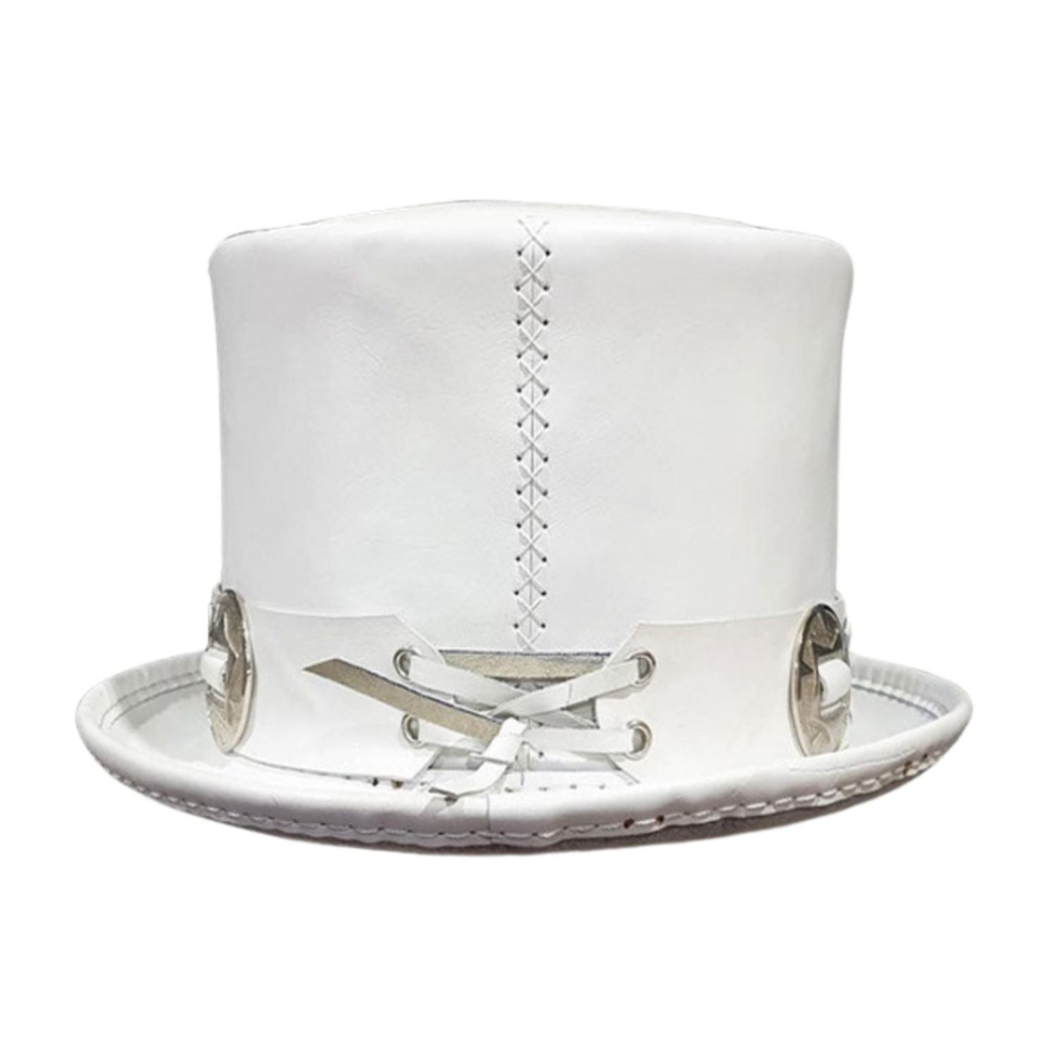 White top hat with silver band on a white background