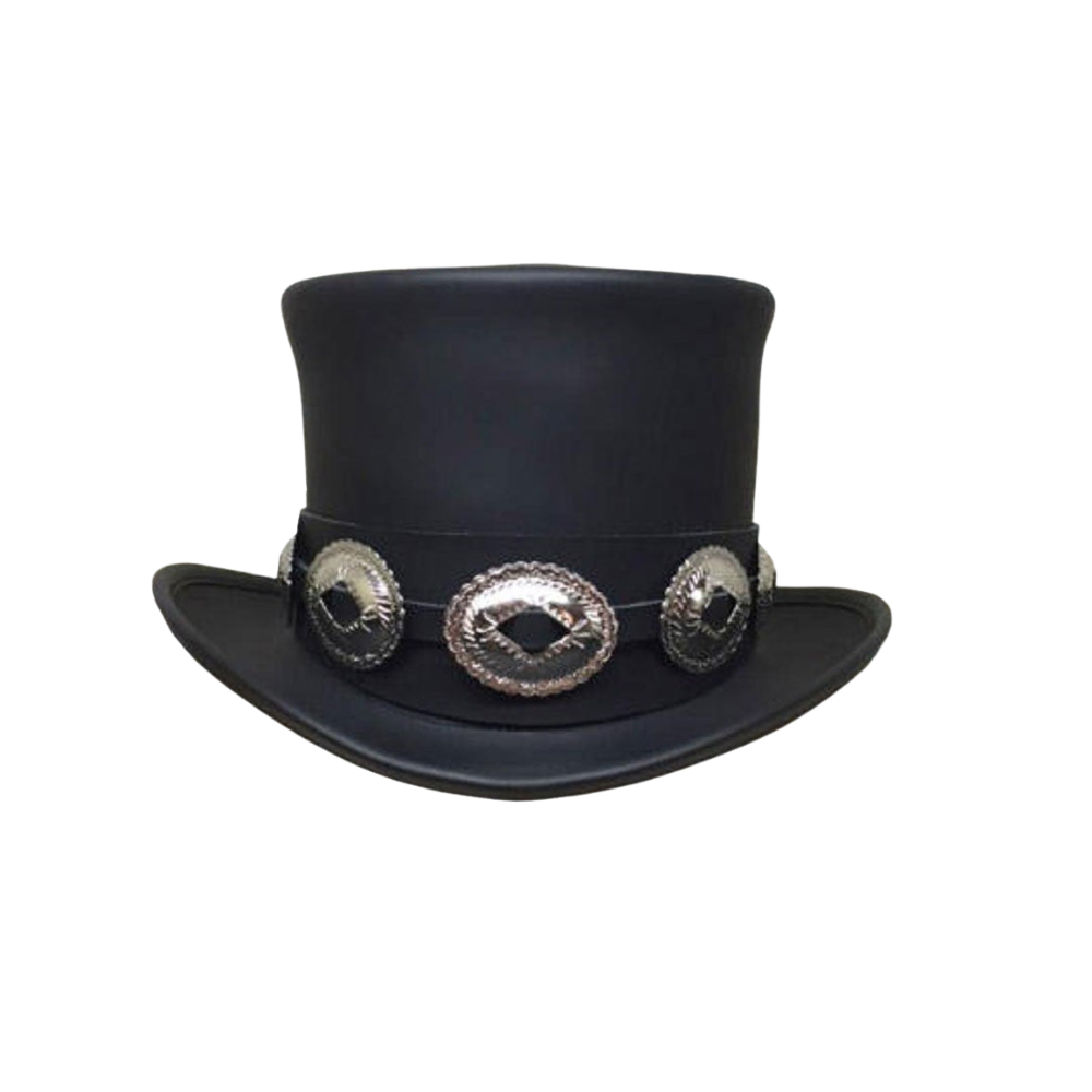 Black top hat with silver decorative bands on a white background