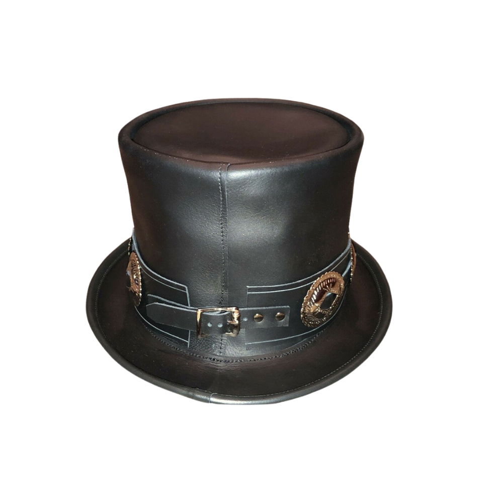 Black leather top hat with decorative band and buckles on a white background